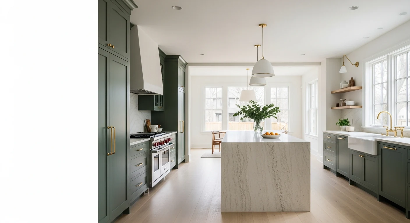 Bright remodeled kitchen with deep green cabinetry and a stone island